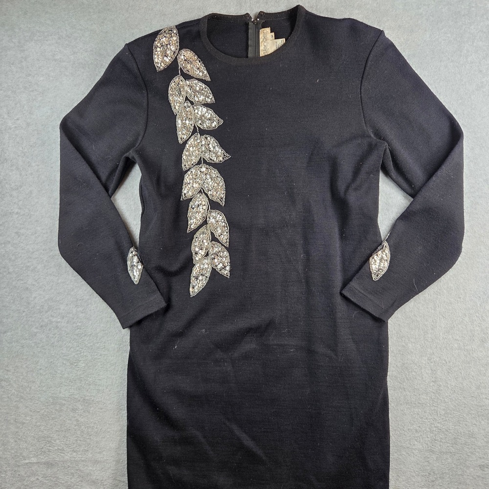 Outlander Studio Knit Dress Women Medium Black Sequin Leaf Wool Blend Vintage